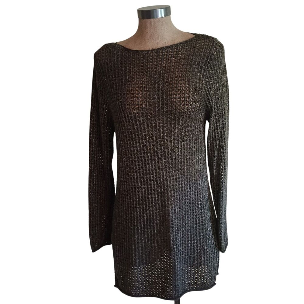 Jeanne Pierre Open Knit Sweater XL Crochet Tunic Coverup Brown/Gold Metallic